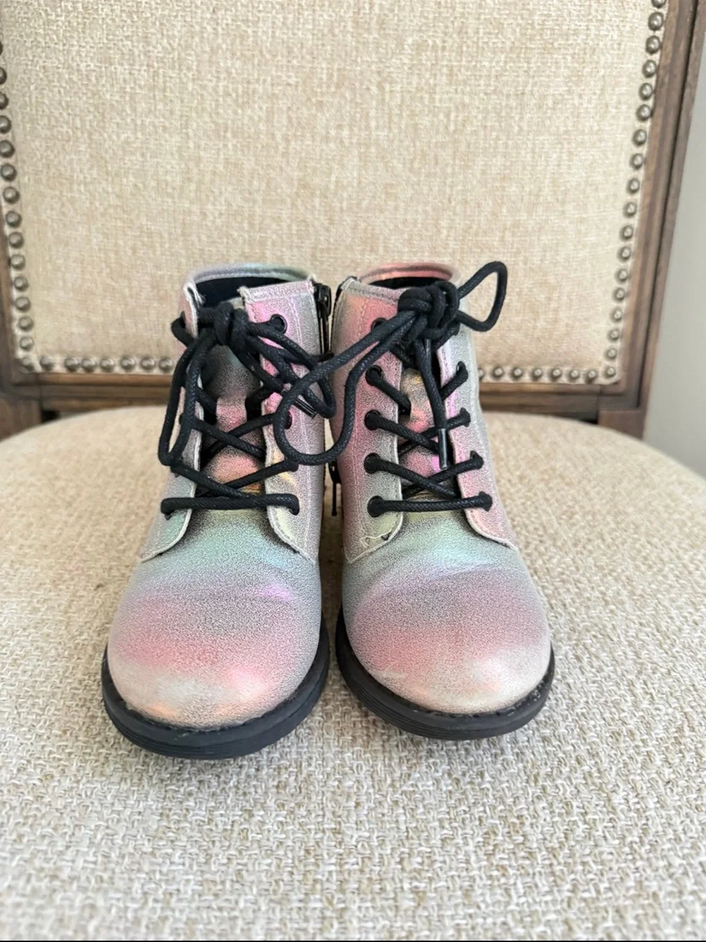 Kids toddler Iridescent rainbow shimmer leather Lace-Up zipper combat Boots sz10
